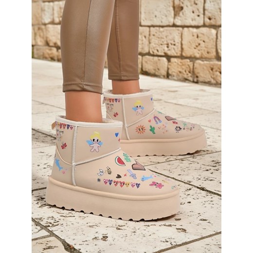 Buty Ocieplane Callisto Angelico z Rysunkami Dziecięcymi na Platformie Beige ze sklepu royalfashion.pl w kategorii Śniegowce damskie - zdjęcie 185923262