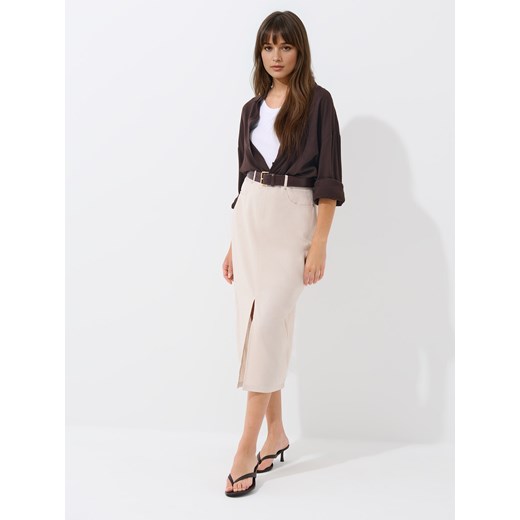 Mohito - Kremowa spódnica midi z lnu i wiskozy - kremowy ze sklepu Mohito w kategorii Spódnice - zdjęcie 185925663