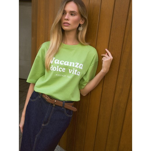 Mohito - Bawełniany t-shirt z nadrukiem - zielony ze sklepu Mohito w kategorii Bluzki damskie - zdjęcie 185927561