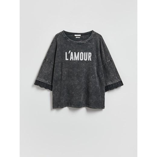 Reserved - T-shirt z rękawami 3/4 - ciemnoszary ze sklepu Reserved w kategorii Bluzki damskie - zdjęcie 185929540