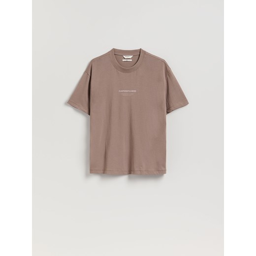 Reserved - T-shirt boxy z nadrukiem - beżowy Reserved S Reserved