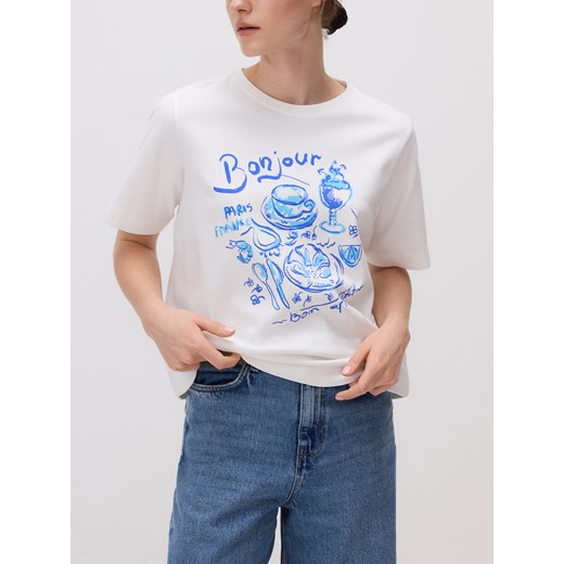 Reserved - Bawełniany t-shirt z nadrukiem - złamana biel Reserved M promocyjna cena Reserved