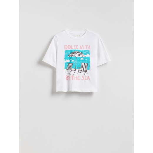Reserved - Bawełniany t-shirt z nadrukiem - złamana biel ze sklepu Reserved w kategorii Bluzki damskie - zdjęcie 185950024