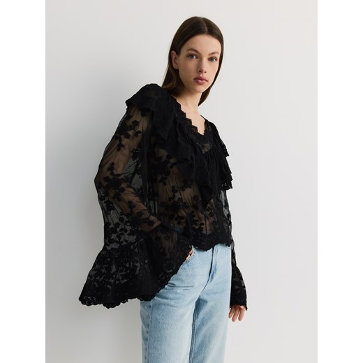 Reserved - Bluzka z falbanami - czarny Reserved XS promocja Reserved