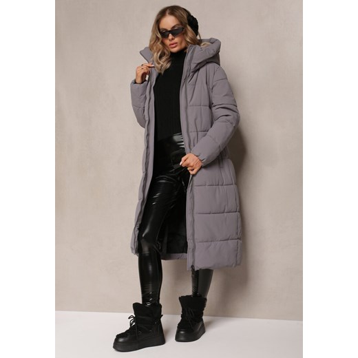 Szara Długa Kurtka Płaszcz z Pikowaniem oraz Kapturem Madirre ze sklepu renee.pl w kategorii Płaszcze damskie - zdjęcie 185952791