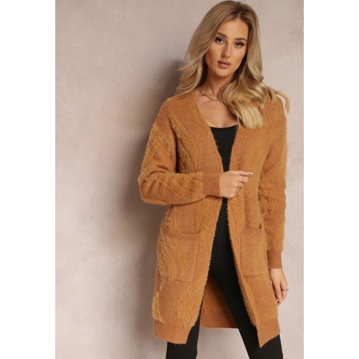 Ciemnobeżowy Luźny Kardigan Niezapinany z Dłuższym Włosiem Karsta ze sklepu renee.pl w kategorii Swetry damskie - zdjęcie 185952973