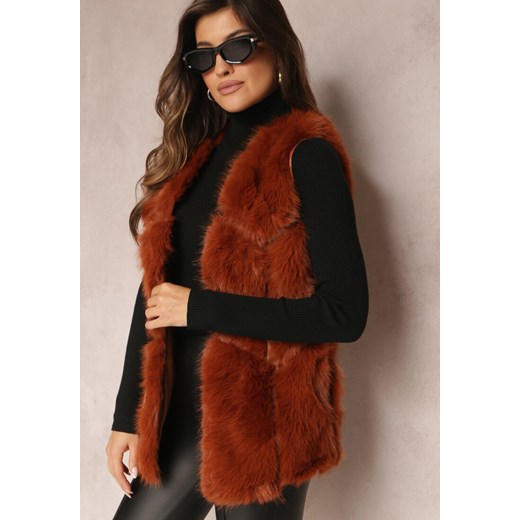 Brązowo-Pomarańczowa Futrzana Kamizelka z Wstawkami z Ekoskóry Lewja ze sklepu renee.pl w kategorii Kamizelki damskie - zdjęcie 185953013