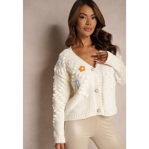 Jasnobeżowy Kardigan z Pomponami i Kwiatkami 3D w Stylu Retro Terilaya Renee ONE SIZE renee.pl