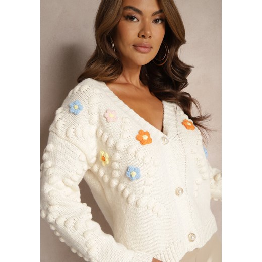 Jasnobeżowy Kardigan z Pomponami i Kwiatkami 3D w Stylu Retro Terilaya Renee ONE SIZE renee.pl