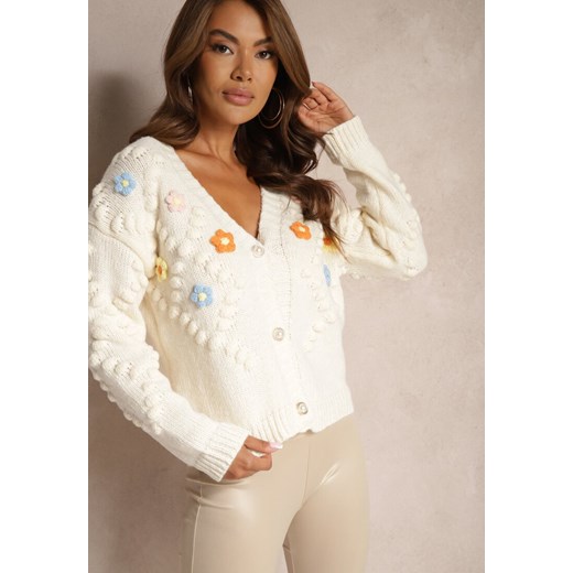 Jasnobeżowy Kardigan z Pomponami i Kwiatkami 3D w Stylu Retro Terilaya Renee ONE SIZE renee.pl