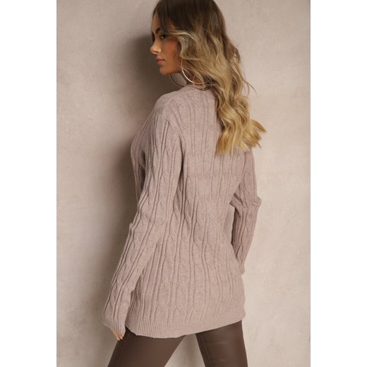 Ciemnobeżowy Sweter z Wiskozą Ozdobiony Tłoczeniem Savra Renee ONE SIZE renee.pl