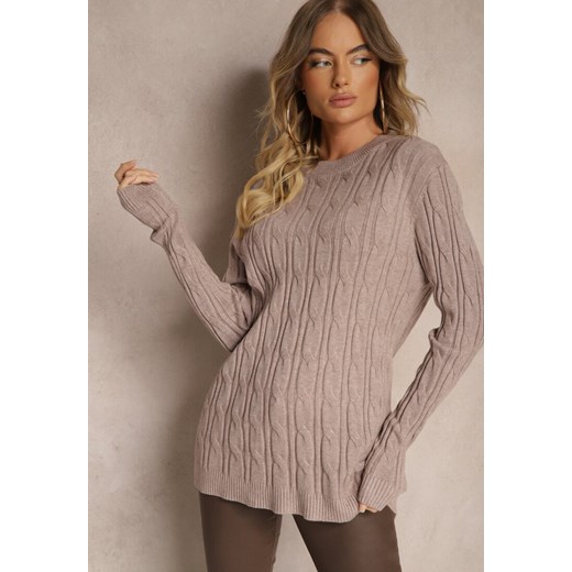 Ciemnobeżowy Sweter z Wiskozą Ozdobiony Tłoczeniem Savra Renee ONE SIZE renee.pl