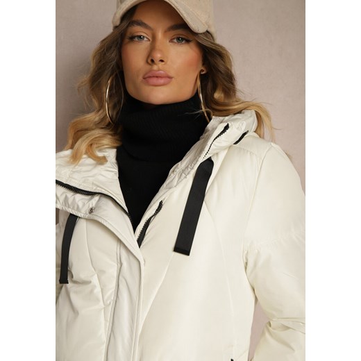 Biała Pudełkowa Kurtka o Długim Kroju z Pikowanymi Przeszyciami Kapturem i Renee L renee.pl