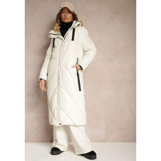 Biała Pudełkowa Kurtka o Długim Kroju z Pikowanymi Przeszyciami Kapturem i Renee L renee.pl