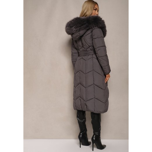 Ciemnoszara Długa Kurtka o Pikowanym Kroju z Kapturem i Odpinanym Futerkiem Renee 3XL renee.pl