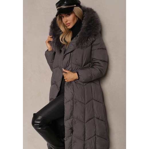 Ciemnoszara Długa Kurtka o Pikowanym Kroju z Kapturem i Odpinanym Futerkiem Renee 2XL renee.pl