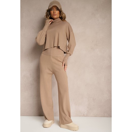 Ciemnobeżowy Komplet Dzianinowy z Wiskozą Spodnie o Szerokim Kroju Góra z Golfem Norathira ze sklepu renee.pl w kategorii Komplety i garnitury damskie - zdjęcie 185953661