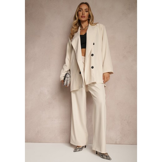 Jasnobeżowa Marynarka Dwurzędowa o Przedłużonym Fasonie Pilinne ze sklepu renee.pl w kategorii Marynarki damskie - zdjęcie 185953714