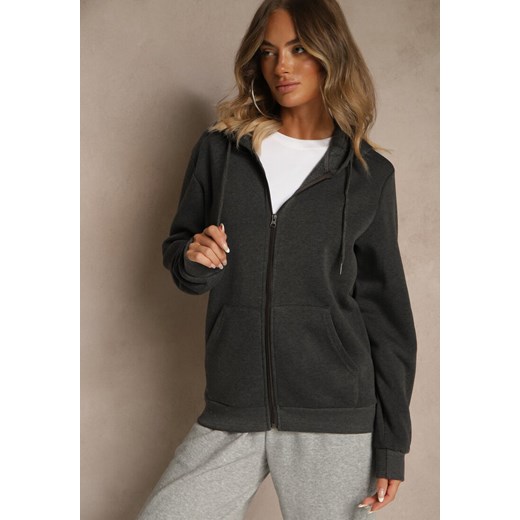 Ciemnoszara Bluza Rozpinana z Kapturem z Bawełną Ozdobiona Sznurkami Odiola ze sklepu renee.pl w kategorii Bluzy damskie - zdjęcie 185954014