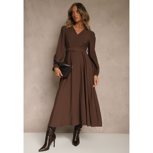 Brązowa Rozkloszowana Sukienka z Wiskozy z Paskiem ze Sprzączką Orille ze sklepu renee.pl w kategorii Sukienki - zdjęcie 185954272