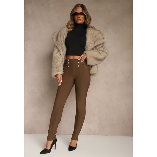 Brązowe Spodnie z Ozdobnymi Zakładkami i Guzikami Vamirie Renee XL renee.pl