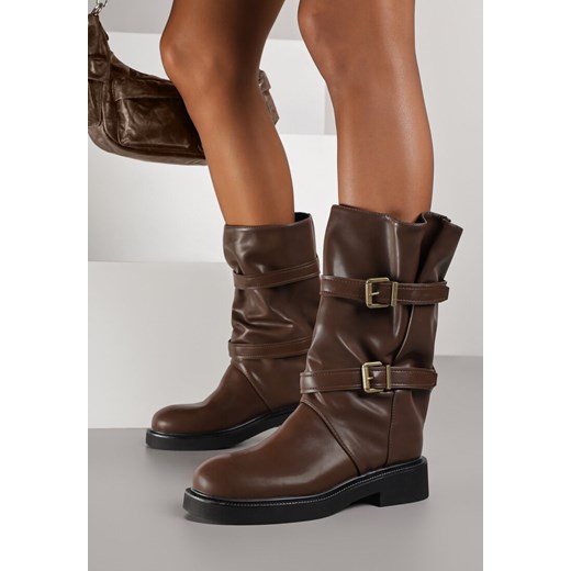 Brązowe Botki Biker Boots z Marszczoną Cholewką i Paskami ze Sprzączkami Sinesa ze sklepu renee.pl w kategorii Botki - zdjęcie 185954902