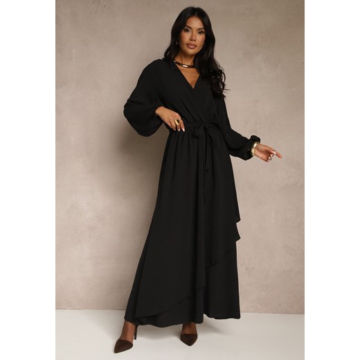 Czarna Asymetryczna Koktajlowa Sukienka z Wiskozą Kopertowym Dekoltem i Paskiem Laniea ze sklepu renee.pl w kategorii Sukienki - zdjęcie 185955003