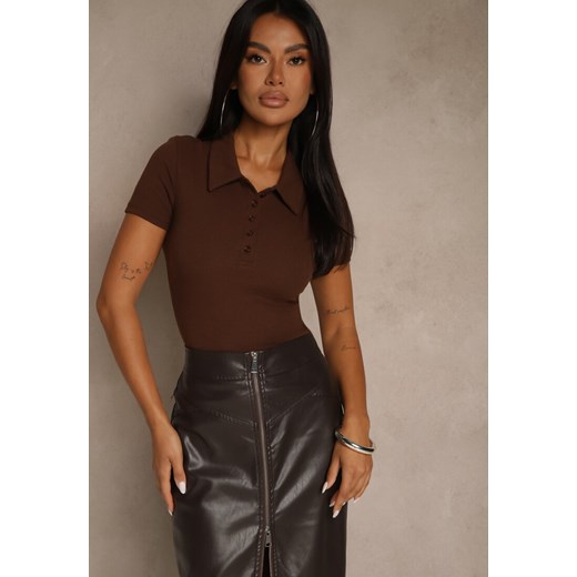 Brązowy Prążkowany T-shirt Polo z Bawełny Ozdobiony Guzikami Lilvivia ze sklepu renee.pl w kategorii Bluzki damskie - zdjęcie 185955042