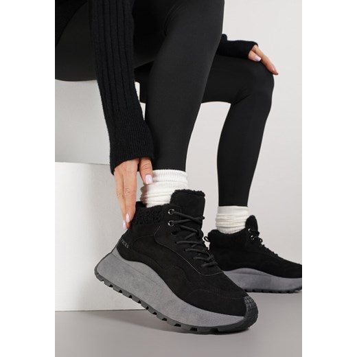 Czarne Sneakersy Śniegowce Vices na Platformie Ozdobione Napisem i Futerkiem Lanite ze sklepu renee.pl w kategorii Buty sportowe damskie - zdjęcie 185955154