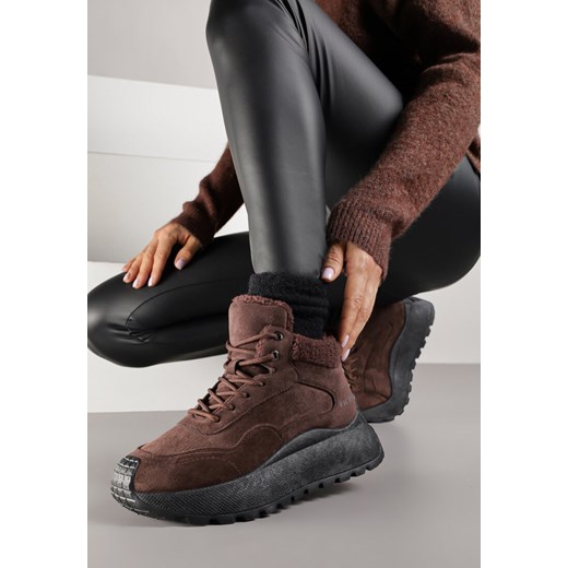 Brązowe Sneakersy Śniegowce Vices na Platformie Ozdobione Napisem i Futerkiem Lanite ze sklepu renee.pl w kategorii Buty sportowe damskie - zdjęcie 185955161