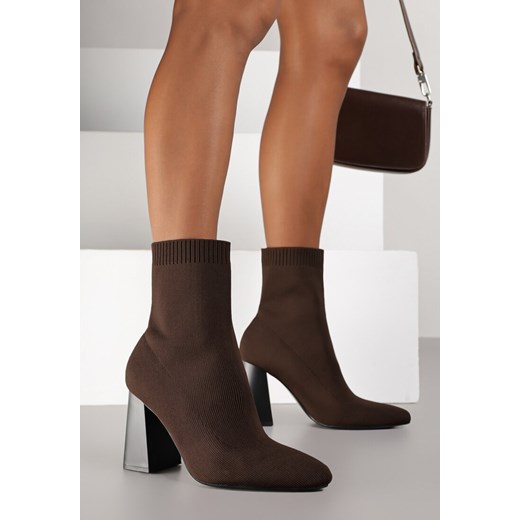 Brązowe Botki Vices na Słupku o Geometrycznym Kształcie i Elastyczną Cholewką Falessea ze sklepu renee.pl w kategorii Botki - zdjęcie 185955311