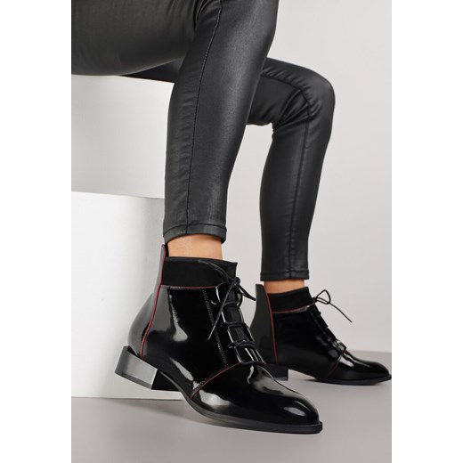 Czarne Lakierowane Botki Vices ze Sznurowaną Cholewką Senilea - id: XL25-38-BLACK - marki Renee - 185955771 Czarne Lakierowane Botki Vices ze Sznurowaną Cholewką Senilea ze sklepu renee.pl w kategorii Botki - zdjęcie 185955771