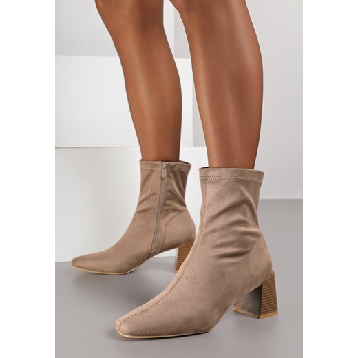 Ciemnobeżowe Botki Vices na Stożku z Noskiem o Kwadratowym Kształcie Amiste Renee 41 renee.pl