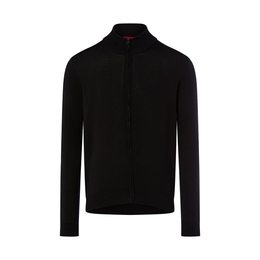 HUGO Męski kardigan z wełny dziewiczej - San Jorge Mężczyźni wełna ze strzyży czarny jednolity ze sklepu vangraaf w kategorii Swetry męskie - zdjęcie 185956681