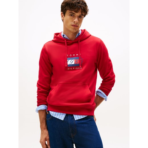 Tommy Hilfiger Męski sweter z kapturem Mężczyźni Materiał dresowy czerwony jednolity ze sklepu vangraaf w kategorii Bluzy męskie - zdjęcie 185957080