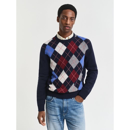Gant Męski sweter z dzianiny z zawartością wełny Mężczyźni granatowy w kratkę - id: 776850-0001-09900 - marki Gant - 185957124 Gant Męski sweter z dzianiny z zawartością wełny Mężczyźni granatowy w kratkę ze sklepu vangraaf w kategorii Swetry męskie - zdjęcie 185957124