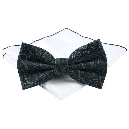 Męska Mucha (Poszetka w Zestawie) - Chattier - Zielone Kwiaty, Granatowe Tło MUCH0912 ze sklepu JegoSzafa.pl w kategorii Muchy - zdjęcie 185959671