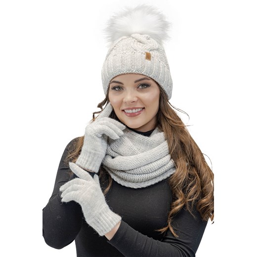 Komplet czapka+komin+rękawiczki Vivisence 7014 Kmpl+R beżowy melanż ze sklepu kontri.pl w kategorii Czapki zimowe damskie - zdjęcie 185959751