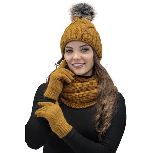 Komplet czapka+komin+rękawiczki Vivisence 7014 Kmpl+R ciemny żółty ze sklepu kontri.pl w kategorii Czapki zimowe damskie - zdjęcie 185960514