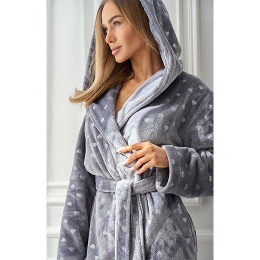 Długi szlafrok damski z kapturem szary 2551 Amira, Kolor szary, Rozmiar XL, L&amp;L ze sklepu Primodo w kategorii Szlafroki damskie - zdjęcie 185961170