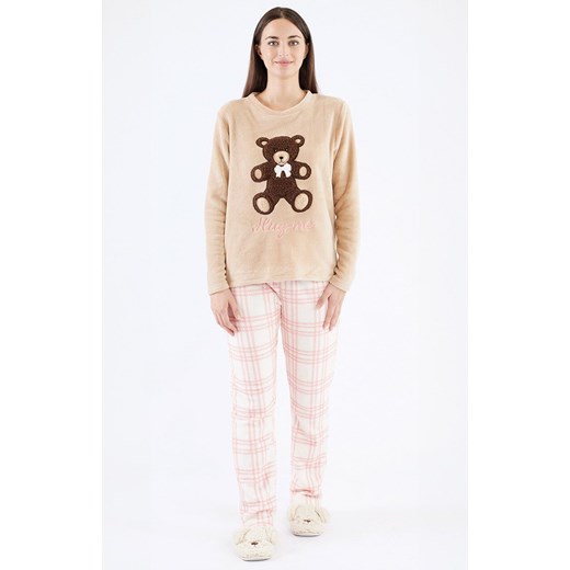 Ciepła długa piżama damska z aplikacją misia brązowa MADLEN, Kolor brązowo-ecru, Rozmiar M, Sorbetto ze sklepu Primodo w kategorii Piżamy damskie - zdjęcie 185961711