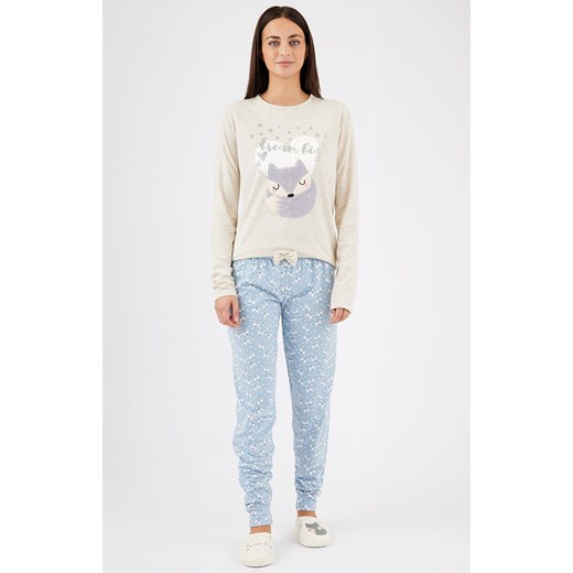 Długa piżama damska z liskiem bawełniana ZERDA, Kolor ecru-niebieski, Rozmiar L, Sorbetto ze sklepu Primodo w kategorii Piżamy damskie - zdjęcie 185961743