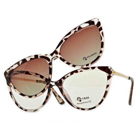 Damskie kocie okulary do komputera z nakładką przeciwsłoneczną Clip-on 2593-1 ze sklepu Stylion w kategorii Okulary przeciwsłoneczne damskie - zdjęcie 185963464