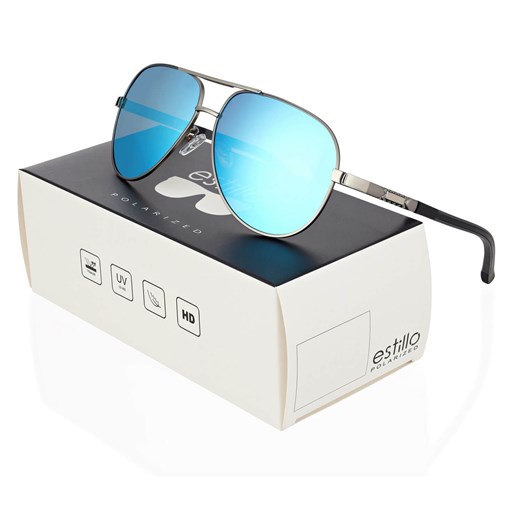 Męskie okulary pilotki przeciwsłoneczne z polaryzacją lustrzanki ESTILLO EST-615-10 silver/blue ze sklepu Stylion w kategorii Okulary przeciwsłoneczne męskie - zdjęcie 185964563