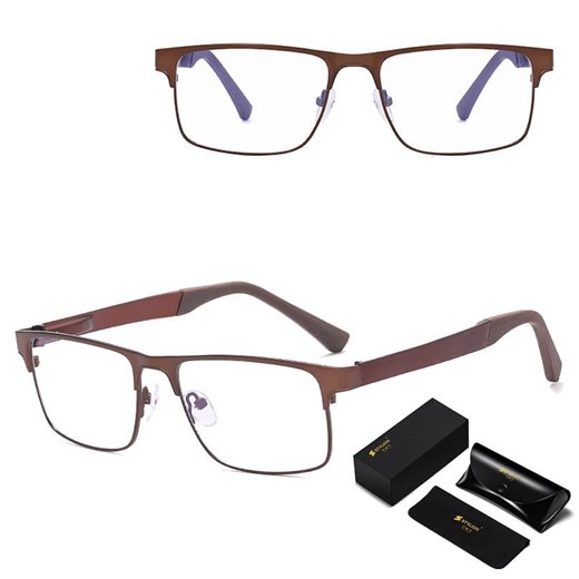 Metalowe męskie okulary zerówki z filtrem Blue Light do komputera 25139E brązowe + akcesoria ze sklepu Stylion w kategorii Okulary zerówki męskie - zdjęcie 185965654