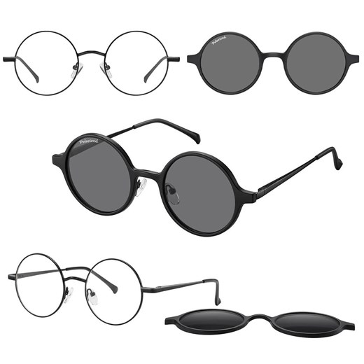 Okrągłe okulary pod korekcję z polaryzacyjną nakładką przeciwsłoneczną CLIP-MC100C-1 czarne ze sklepu Stylion w kategorii Okulary zerówki męskie - zdjęcie 185966112