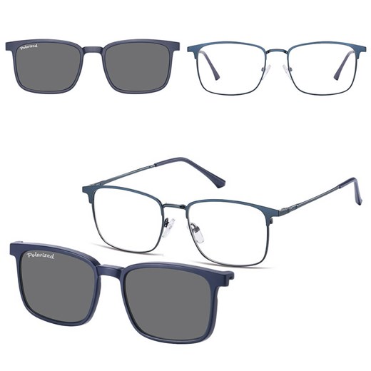 Męskie okulary pod korekcję z polaryzacyjną nakładką przeciwsłoneczną CLIP-MC97A-1 granatowe ze sklepu Stylion w kategorii Okulary zerówki męskie - zdjęcie 185966114