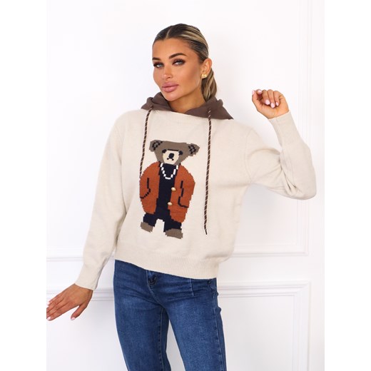 SWETER Z MISIEM Z PRZODU I KAPTUREM- BEŻOWY ze sklepu olika.com.pl w kategorii Swetry damskie - zdjęcie 185968384