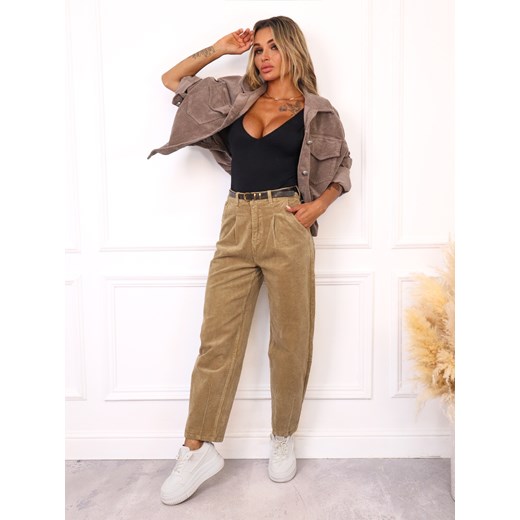 SPODNIE SZTRUKSOWE MOM FIT Z PRZESZYCIAMI NA DOLE NOGAWEK+ PASEK Olika XS olika.com.pl