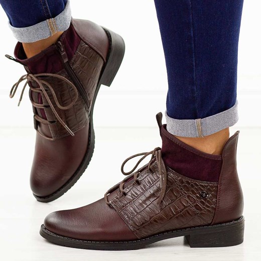 Bordowe płaskie botki damskie Jezzi Asa62-128 ze sklepu suzana.pl w kategorii Botki - zdjęcie 185969750